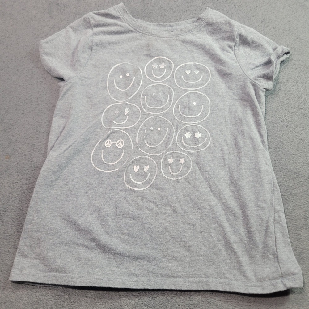 Cat & Jack T-Shirt Girls M 8 Gray Smiley Face Graphic Short Sleeve Casual Tee